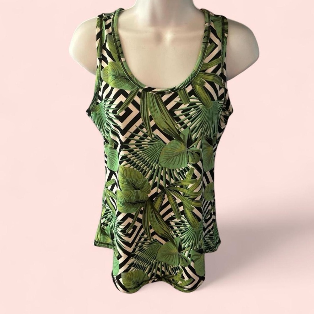Green Tropical Leaf Scoop Neck Tank Top - Women